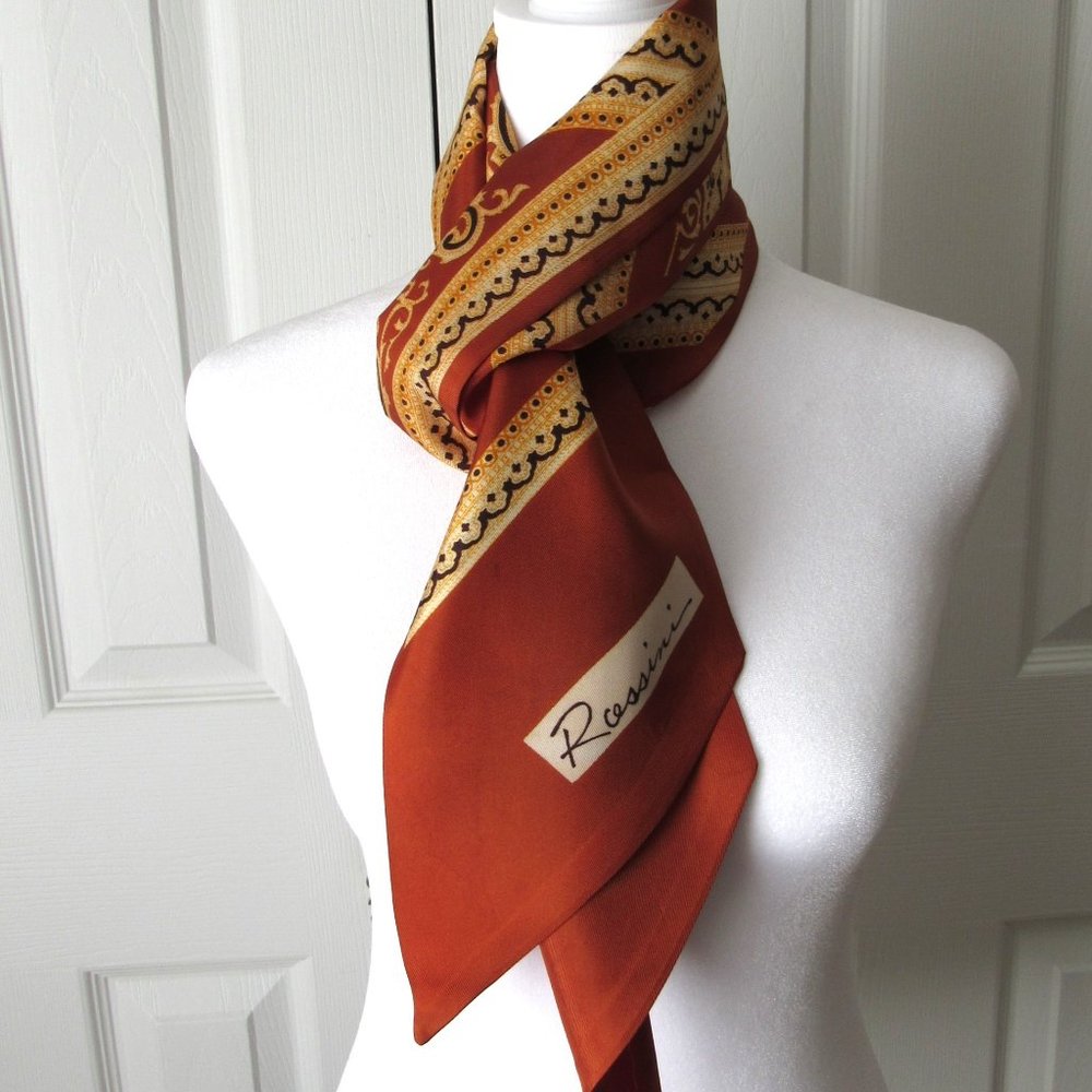 ROSSINI Vintage Scarf Pennant Style Brown Gold Black Paisley Silky Feel